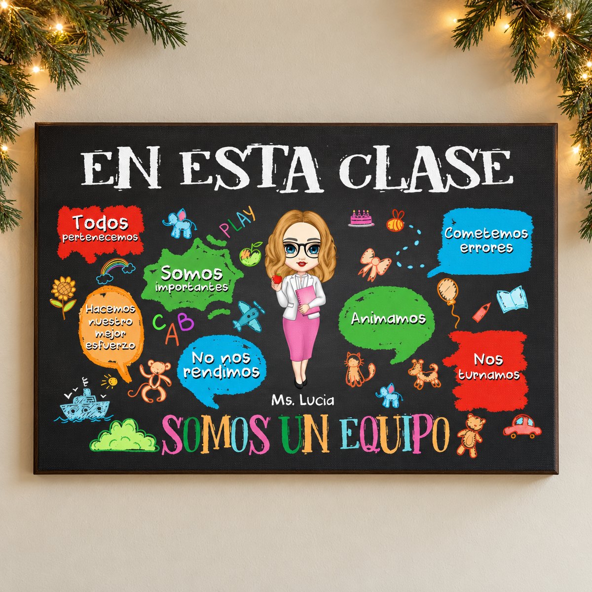 Personalized Spanish teacher canvas on wall with holiday pine garland and warm fairy lights