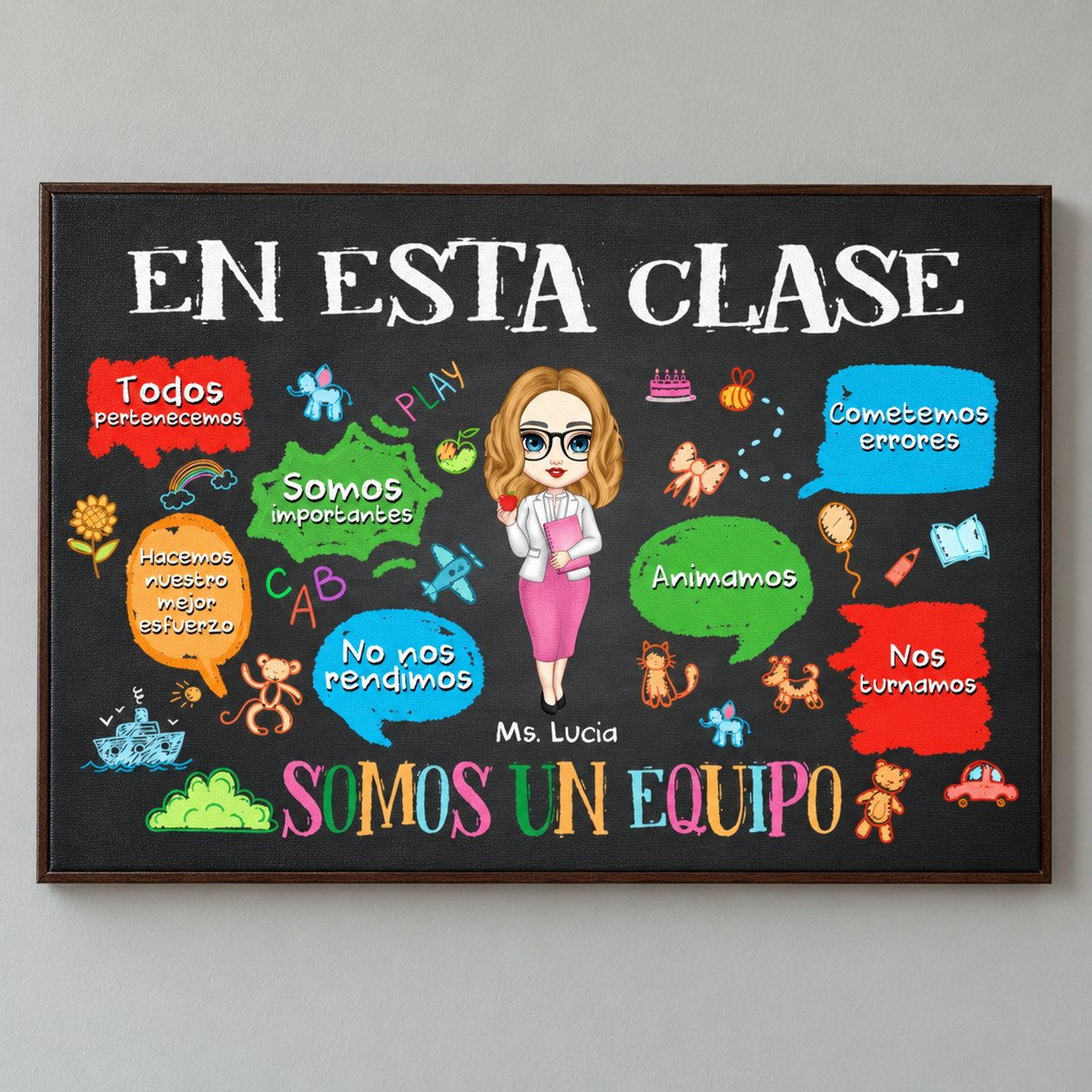 Close-up detail of canvas texture and cartoon teacher illustration on Spanish classroom sign