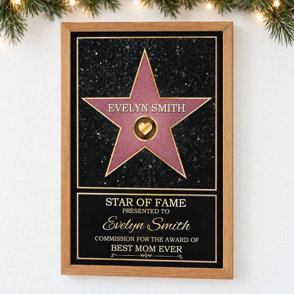 Personalized Star of Fame Best Mom Ever framed canvas print hanging on wall with holiday garland