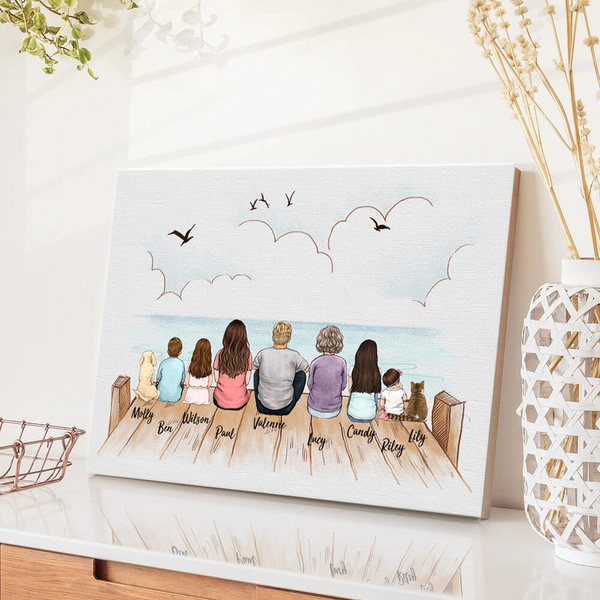 Custom Family Canvas - Family Sitting On The Bridge - Personalized Gift For Family Members, Mom, Dad, Dog, Cat, Memorial