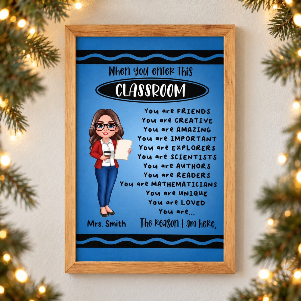 Custom Mrs. Smith classroom framed canvas print with holiday garland and fairy lights