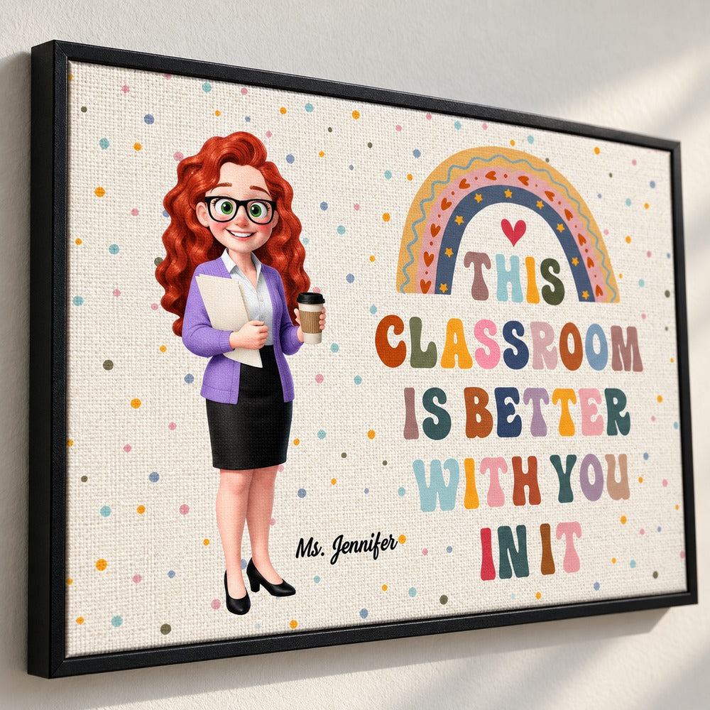 Close-up detail of personalized teacher canvas texture, black frame edge, and colorful printed lettering