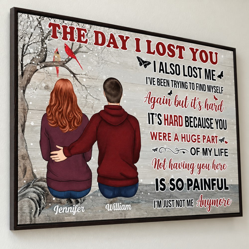 Close-up of custom figures Jennifer and William and sympathy poem on canvas