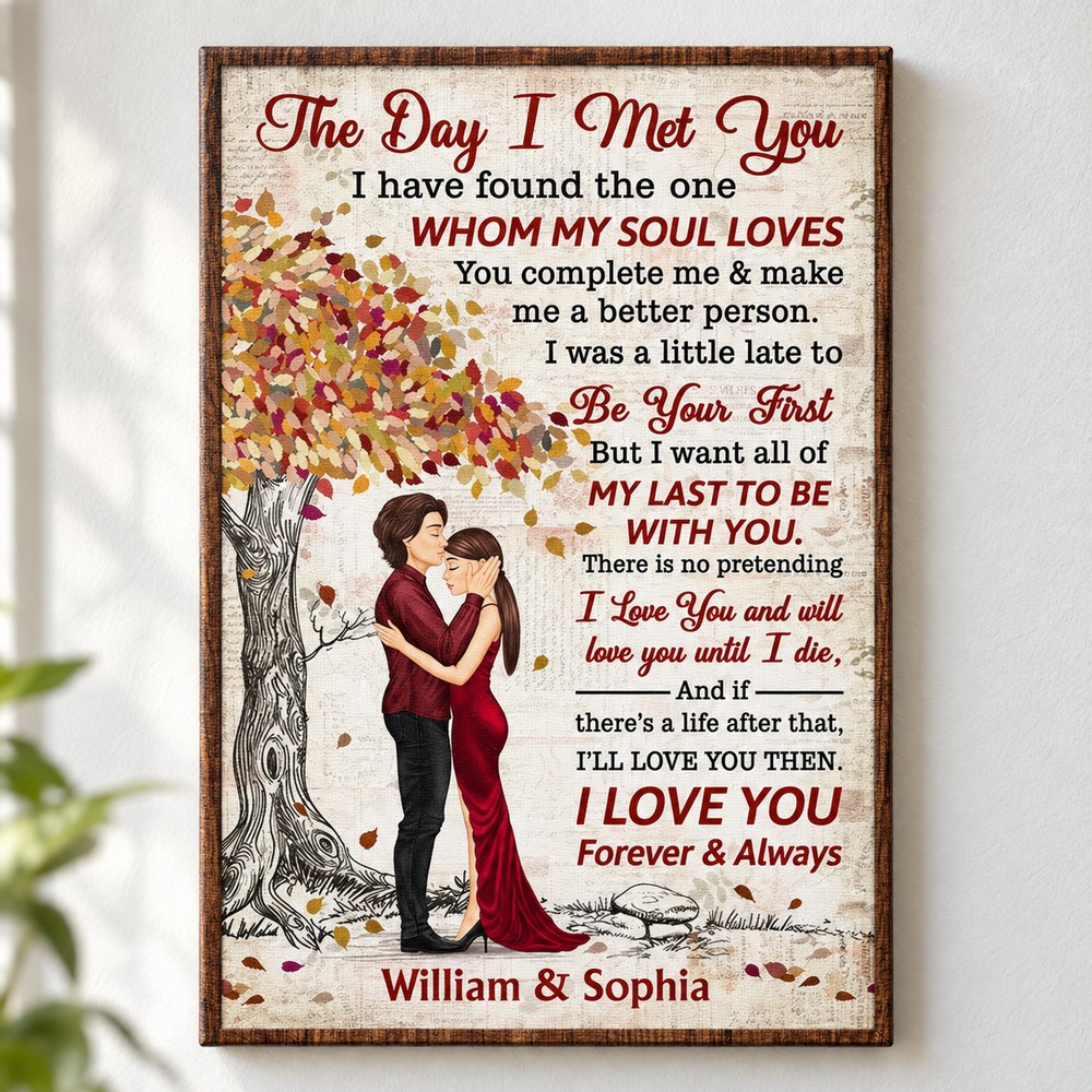 Close-up detail of canvas texture and autumn tree couple illustration on personalized print