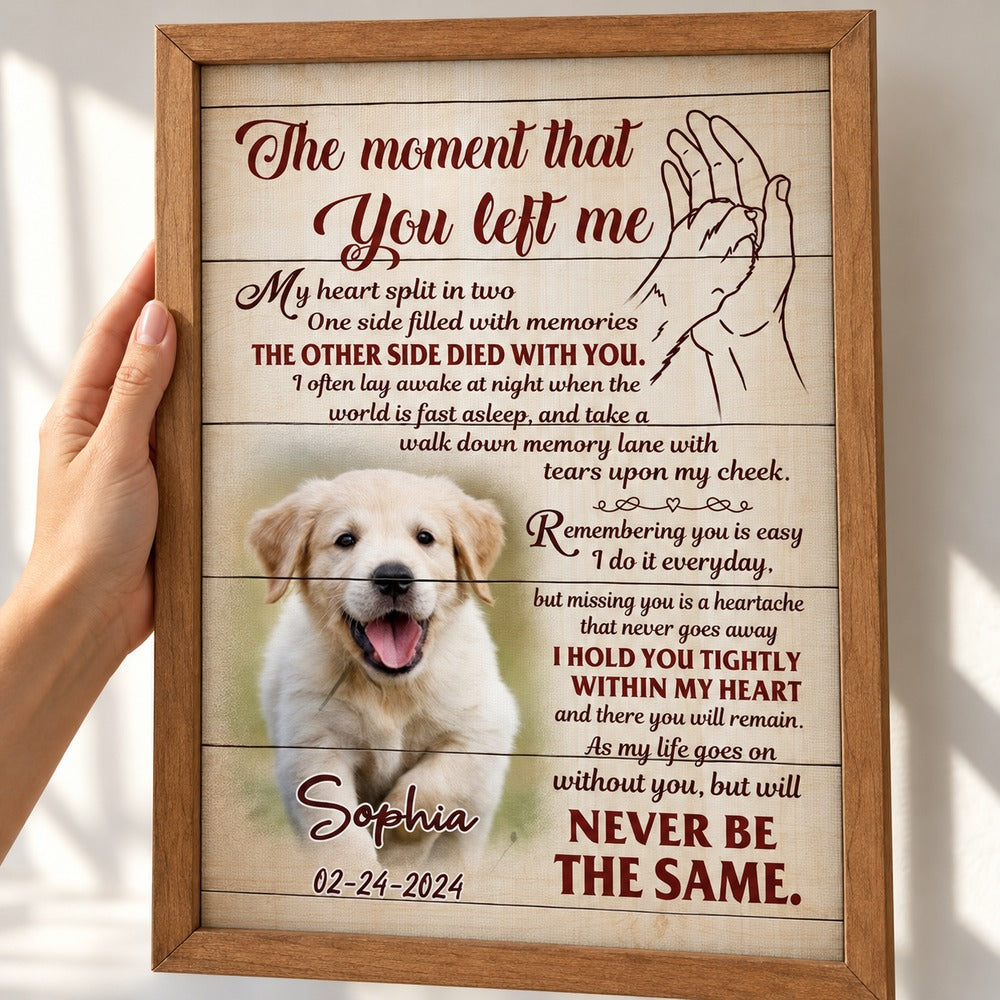 Close-up detail of personalized pet memorial canvas texture, wooden frame, and paw in hand illustration