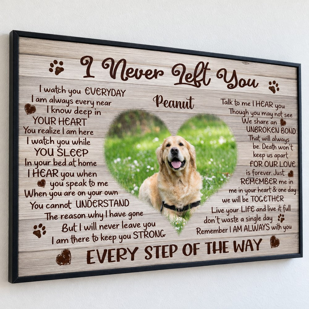 Close up detail of textured canvas print showing pet photo and memorial poem
