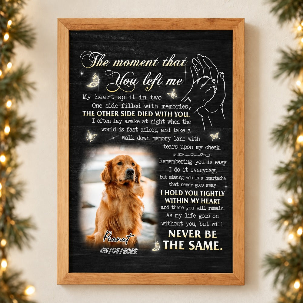 Personalized pet memorial framed canvas print hanging on wall with holiday garland