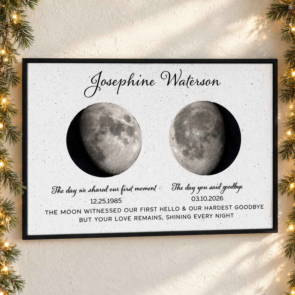 Personalized moon phase memorial canvas print hanging on a wall with soft holiday greenery