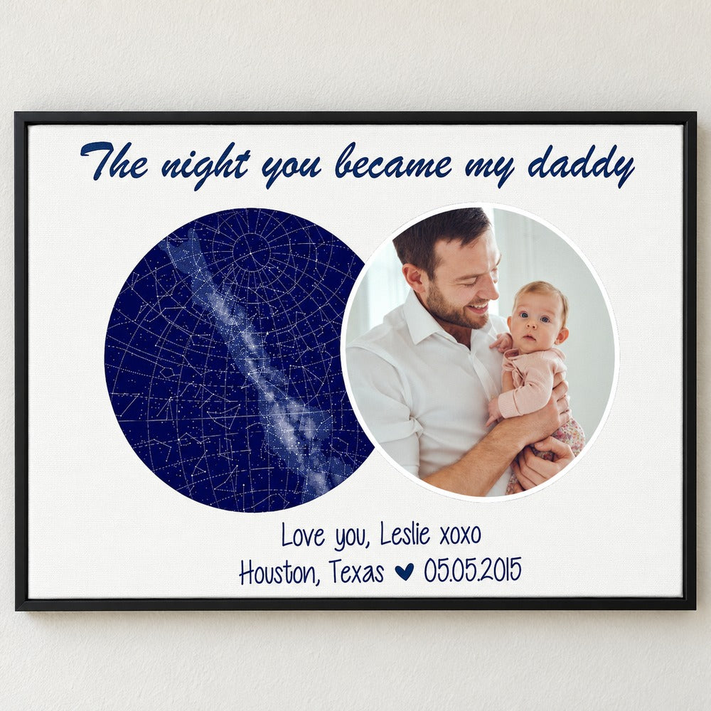 Close-up detail of the custom star map, baby photo, and canvas texture on the framed print