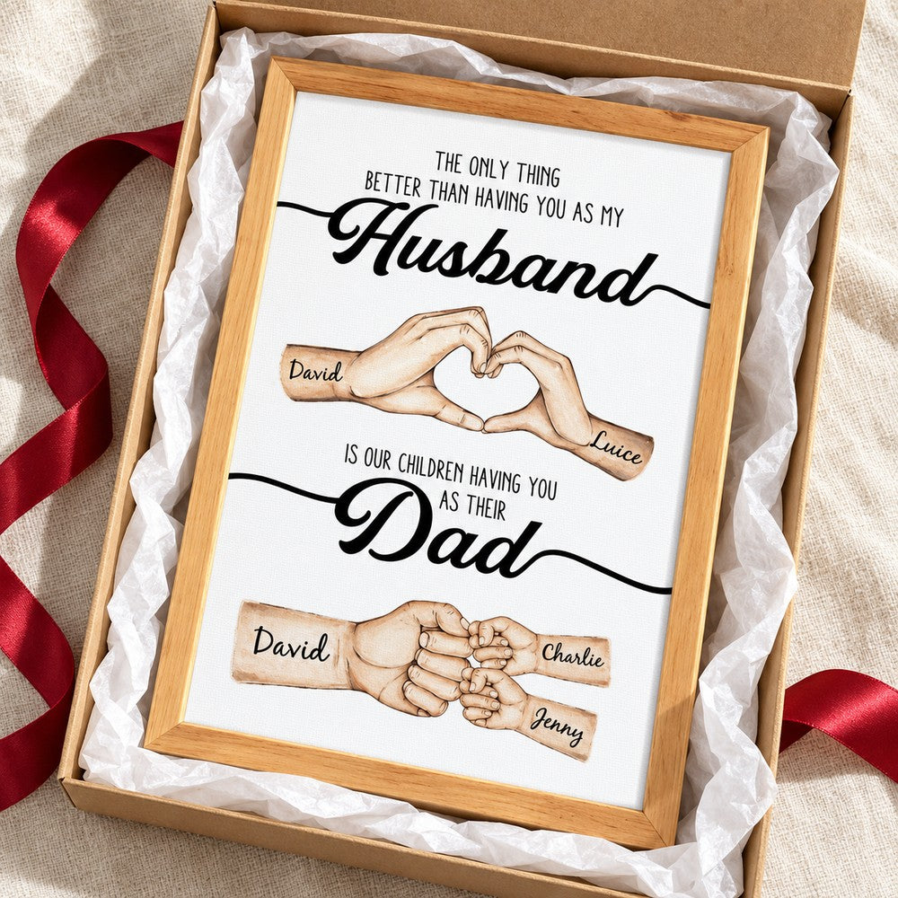 Personalized Husband Dad hands canvas print in a holiday gift box with ribbon and tissue paper