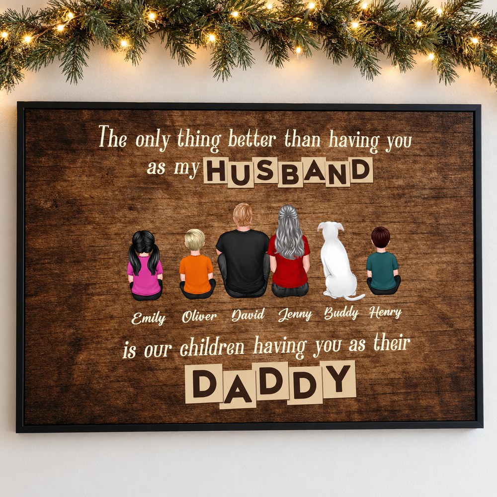 Personalized Husband and Daddy family canvas print on wall with holiday pine garland