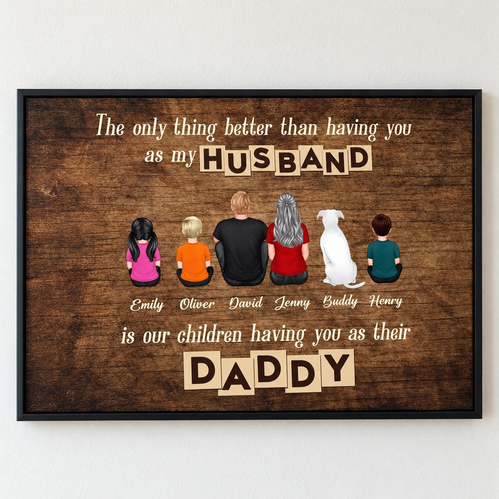 Close-up detail of canvas texture and personalized family figures on Daddy print