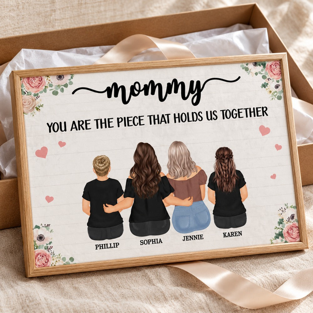 Personalized Mommy framed canvas wall art presented with a gift box and satin ribbon