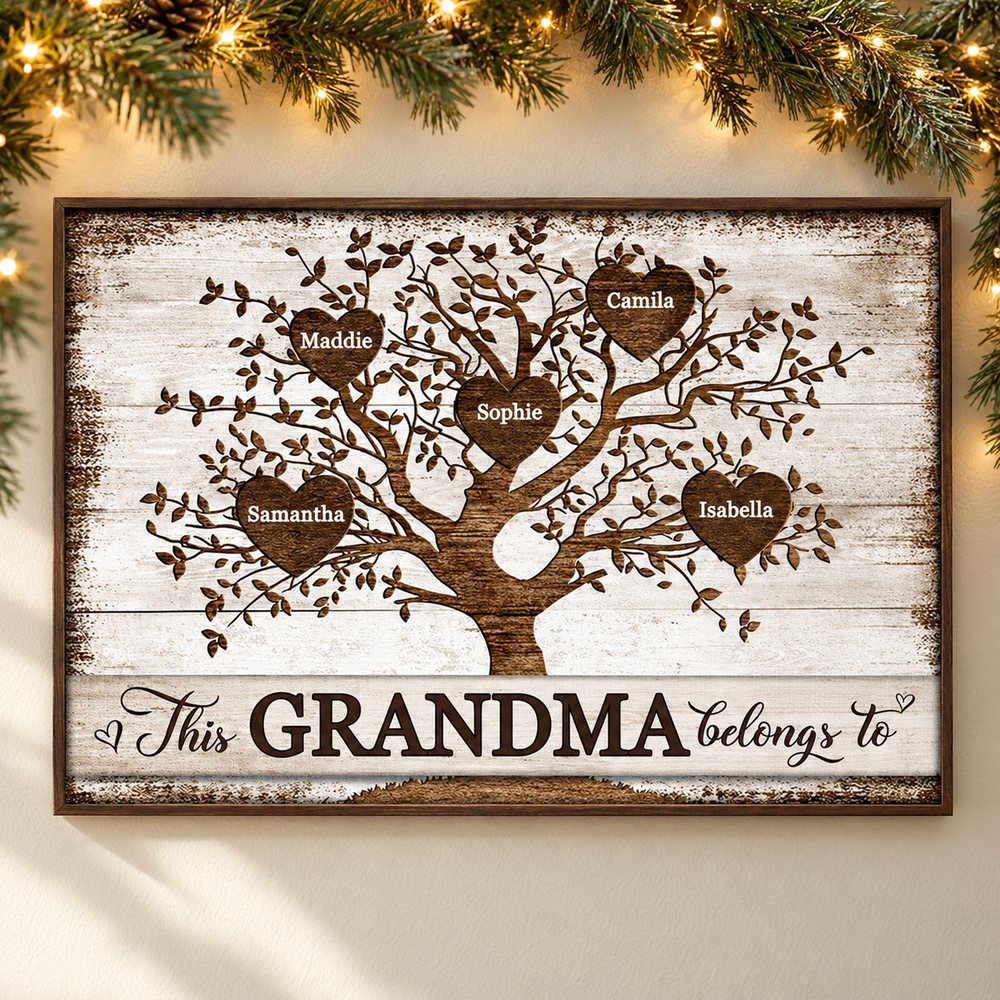 Personalized This Grandma Belongs To canvas wall art hanging on wall with holiday garland