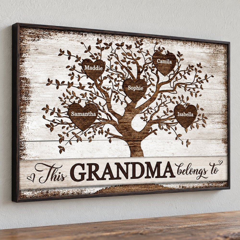 Detail view of This Grandma Belongs To lettering and frame corner on personalized canvas