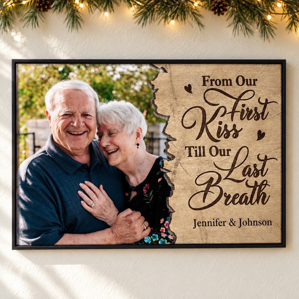 Custom photo couple canvas print Till Our Last Breath hanging on wall with holiday garland