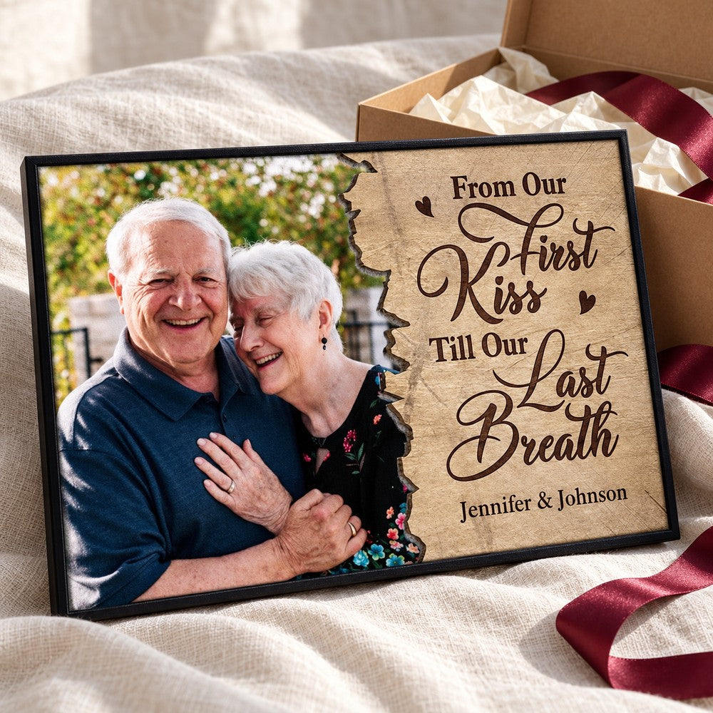 Personalized couple photo canvas print wrapped with ribbon as an anniversary or holiday gift