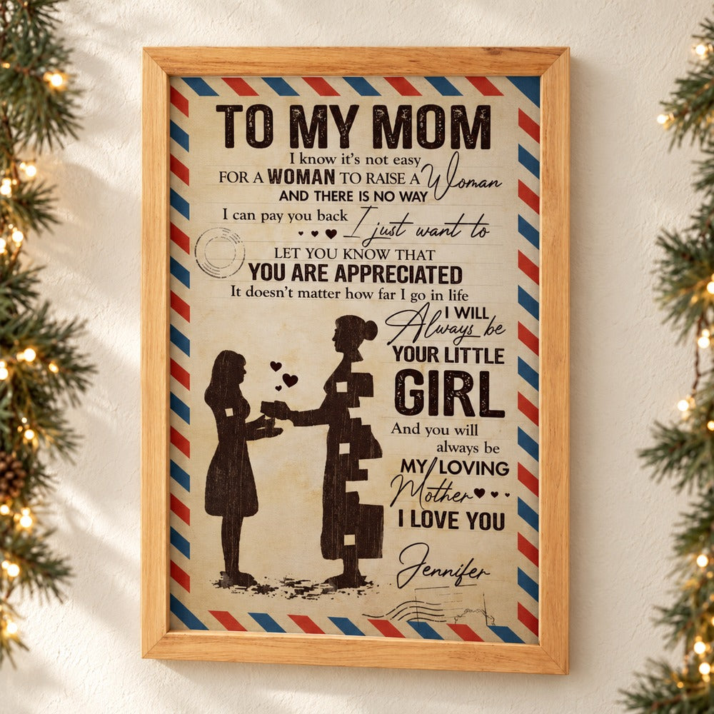 Personalized To My Mom airmail letter framed canvas print on wall with holiday garland