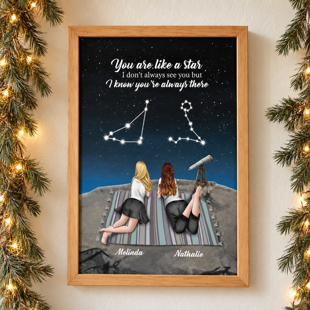 Personalized bestie stargazing framed canvas print on wall with holiday garland and fairy lights