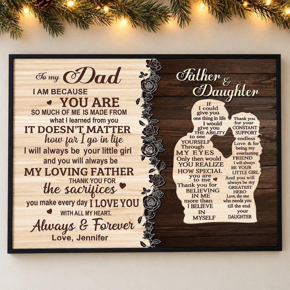To My Dad From Daughter personalized canvas hanging on wall with holiday garland