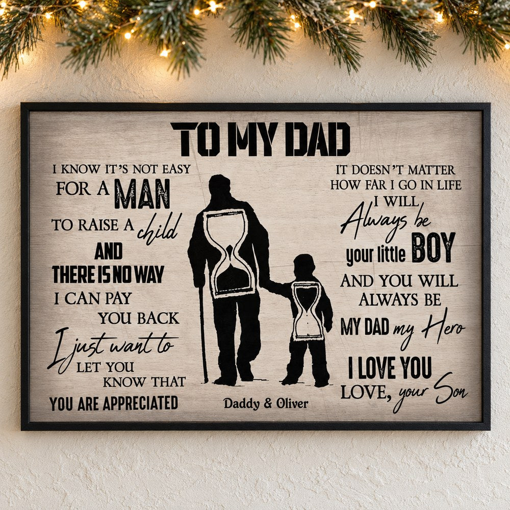 To My Dad From Son personalized canvas wall art hanging with holiday garland