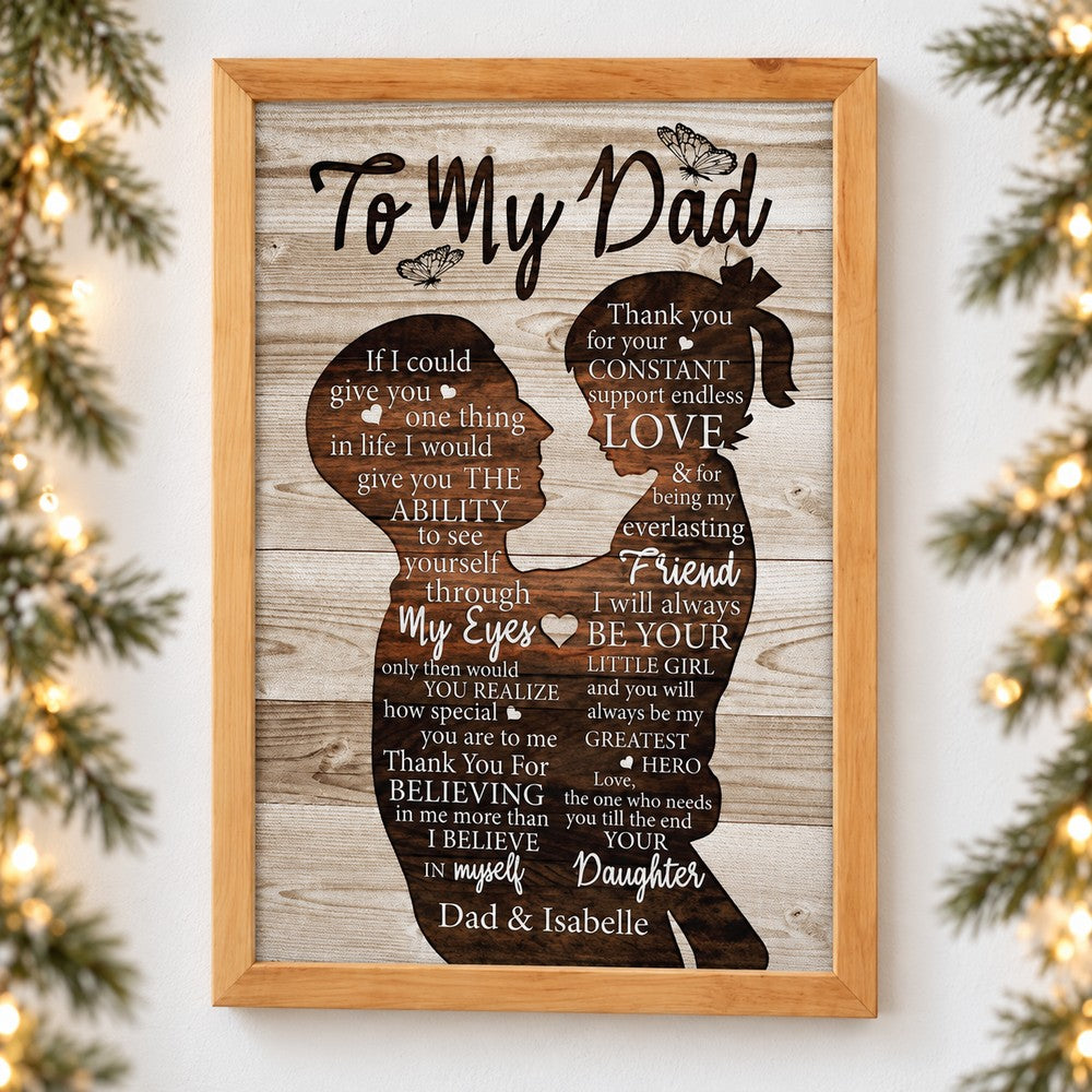 Personalized To My Dad canvas print from daughter hanging on wall with holiday garland