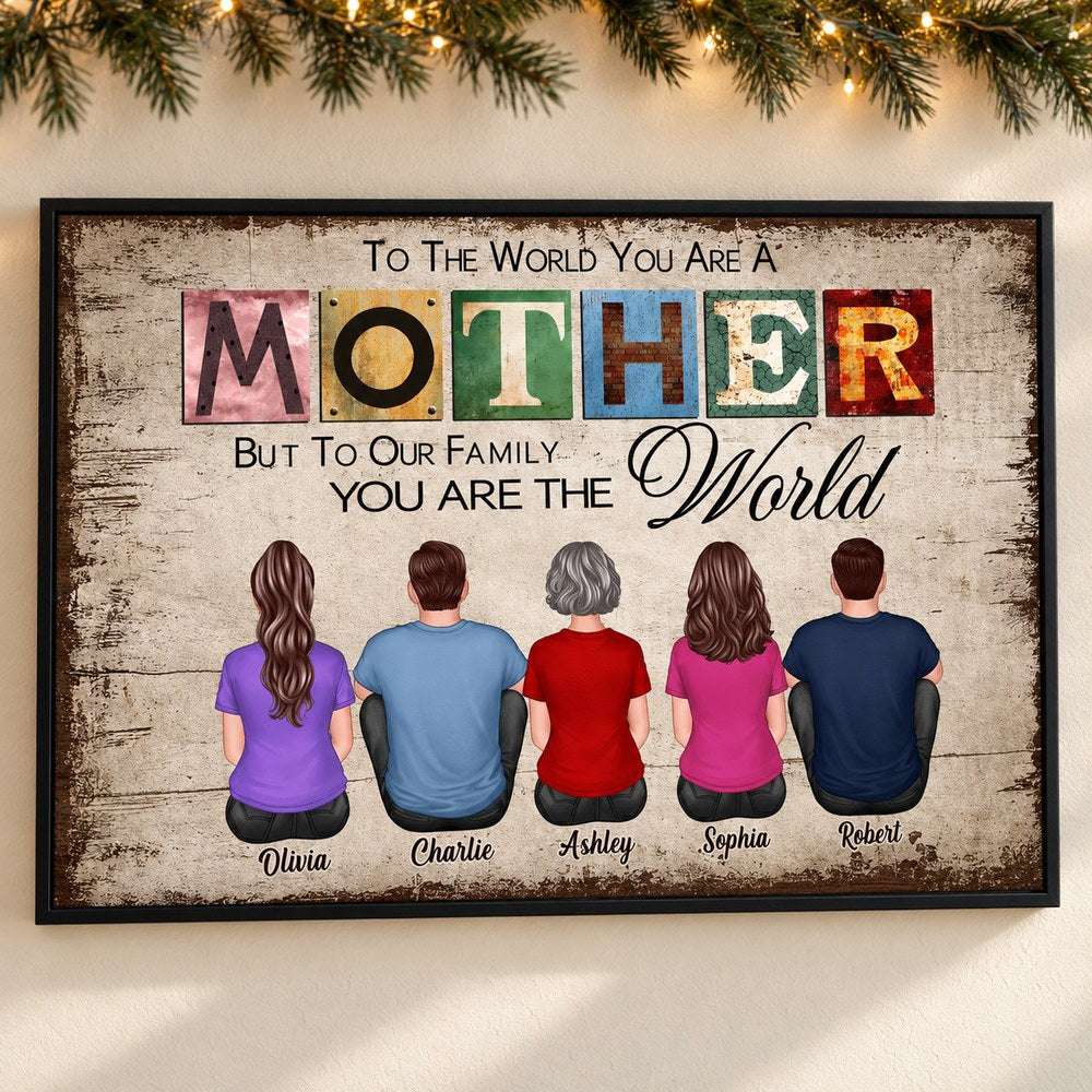 Personalized Mother canvas wall art hanging on a wall with soft holiday greenery and fairy lights