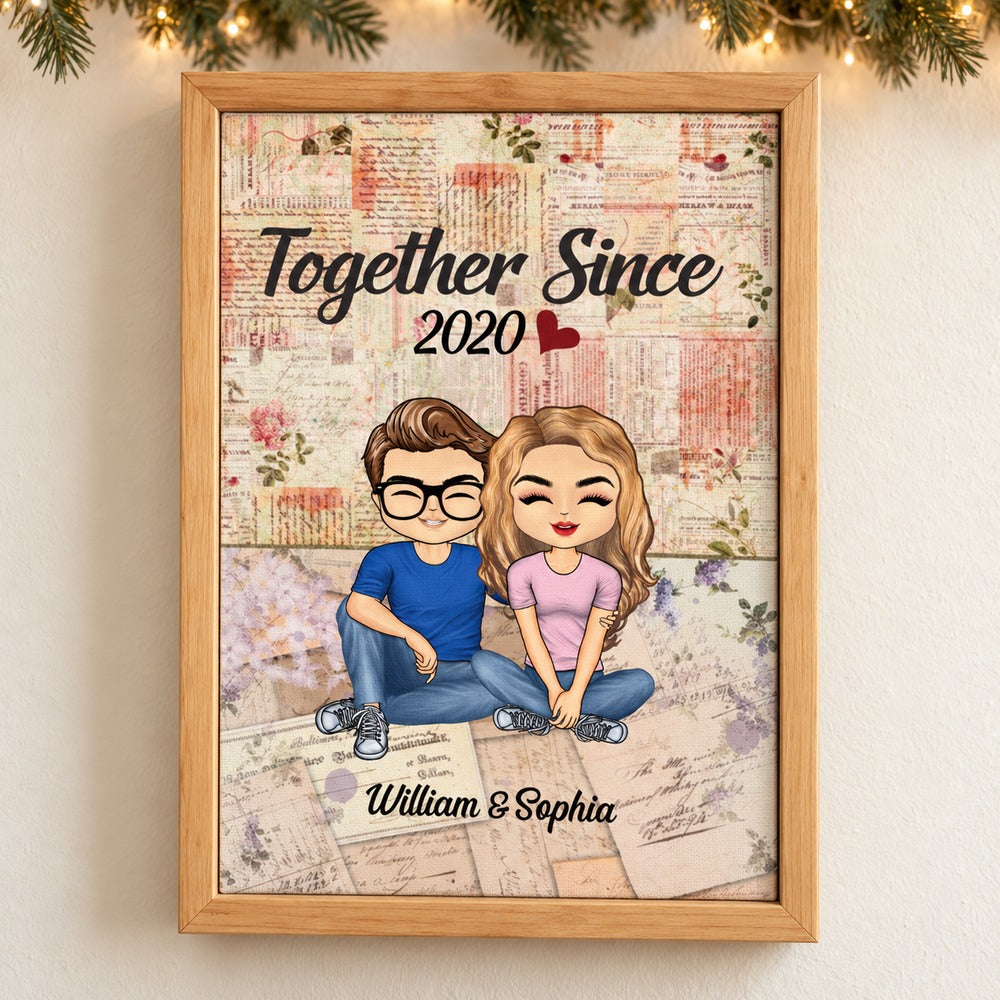 Personalized Together Since couple canvas print hanging on wall with festive garland and fairy lights