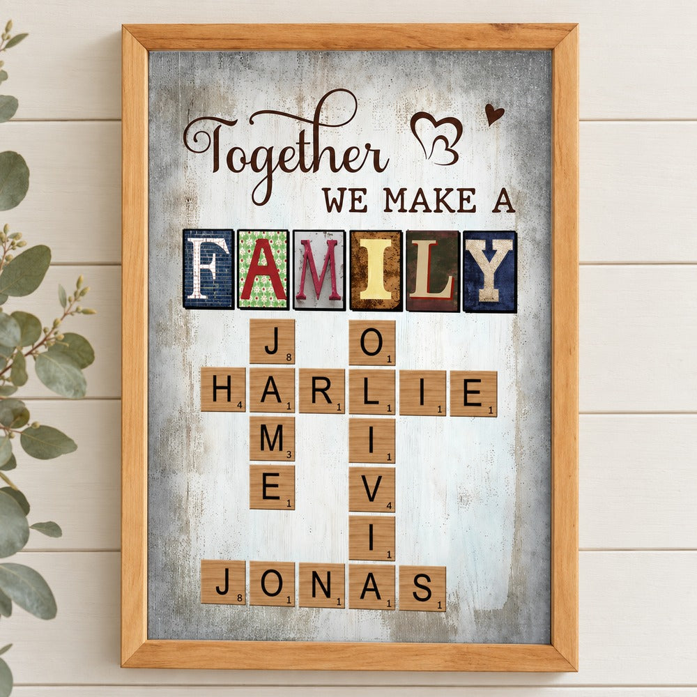 Personalized family crossword framed canvas print displayed on a light shiplap wall
