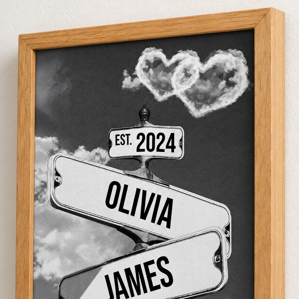 Macro close-up of woven canvas texture and natural wood frame on personalized couple street sign print