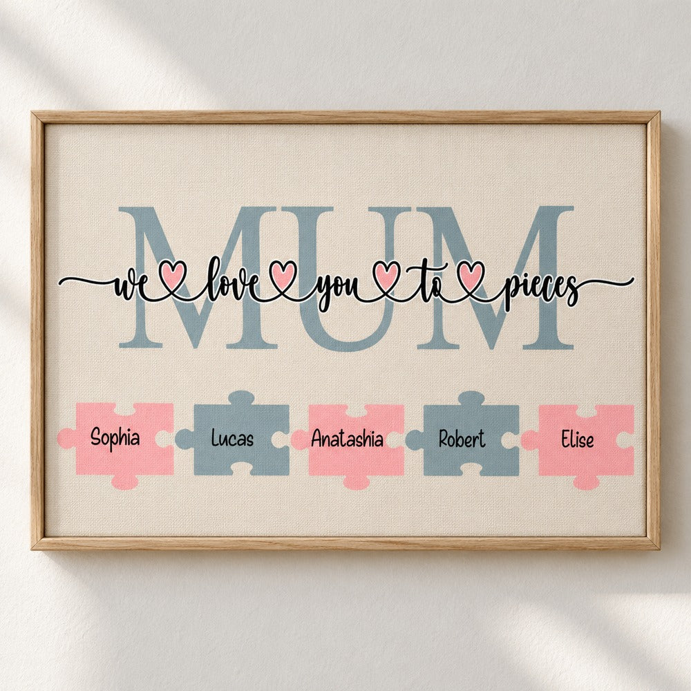 Close up detail of canvas texture and personalized puzzle piece names on Mum wall art