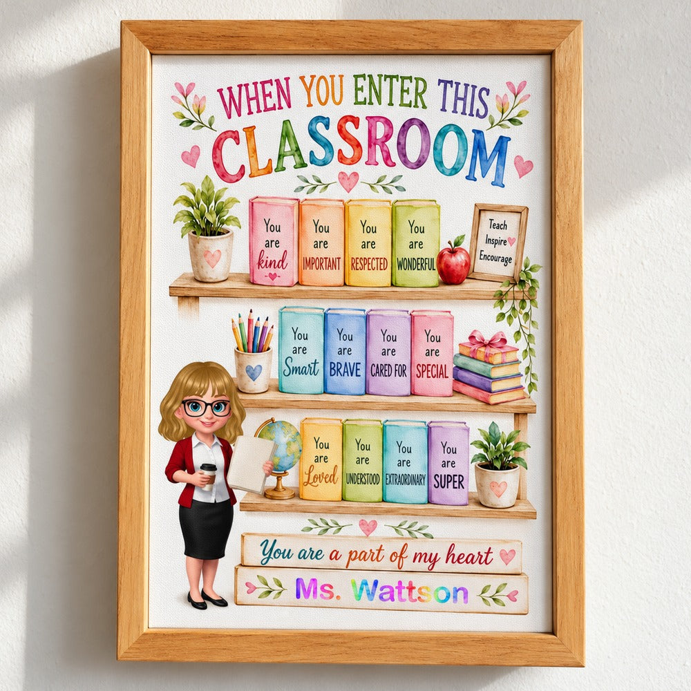 Close-up detail of canvas texture and wood frame on personalized teacher affirmation print