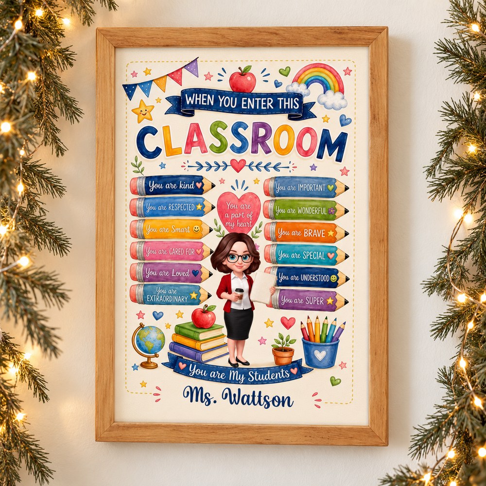 Personalized When You Enter This Classroom framed canvas on wall with holiday garland
