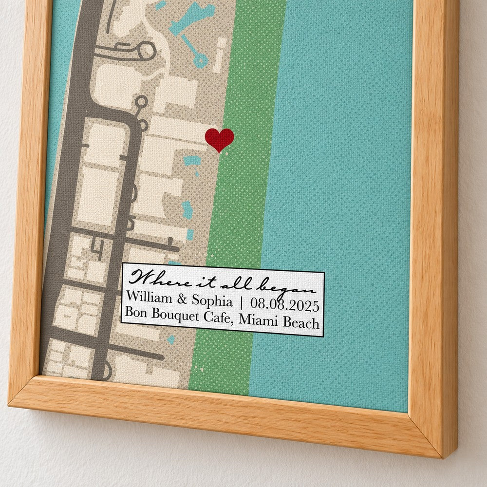 Close up detail of personalized couple map canvas texture and custom text box