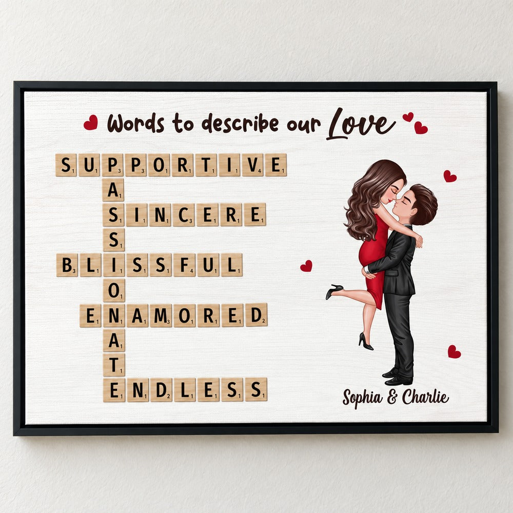 Close-up detail of canvas texture and crossword tiles on personalized couple art