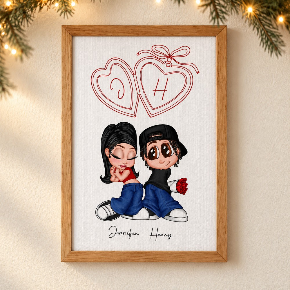 Y2K Couple Initial Heart Locket personalized framed canvas print hanging on a wall with soft holiday greenery