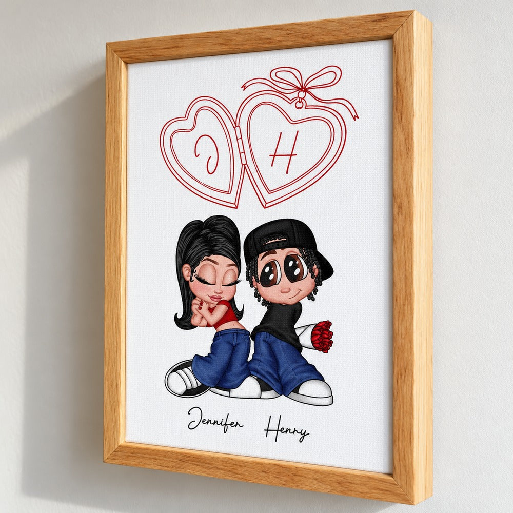 Close-up detail of Y2K Couple Initial Heart Locket canvas print texture and natural wood frame