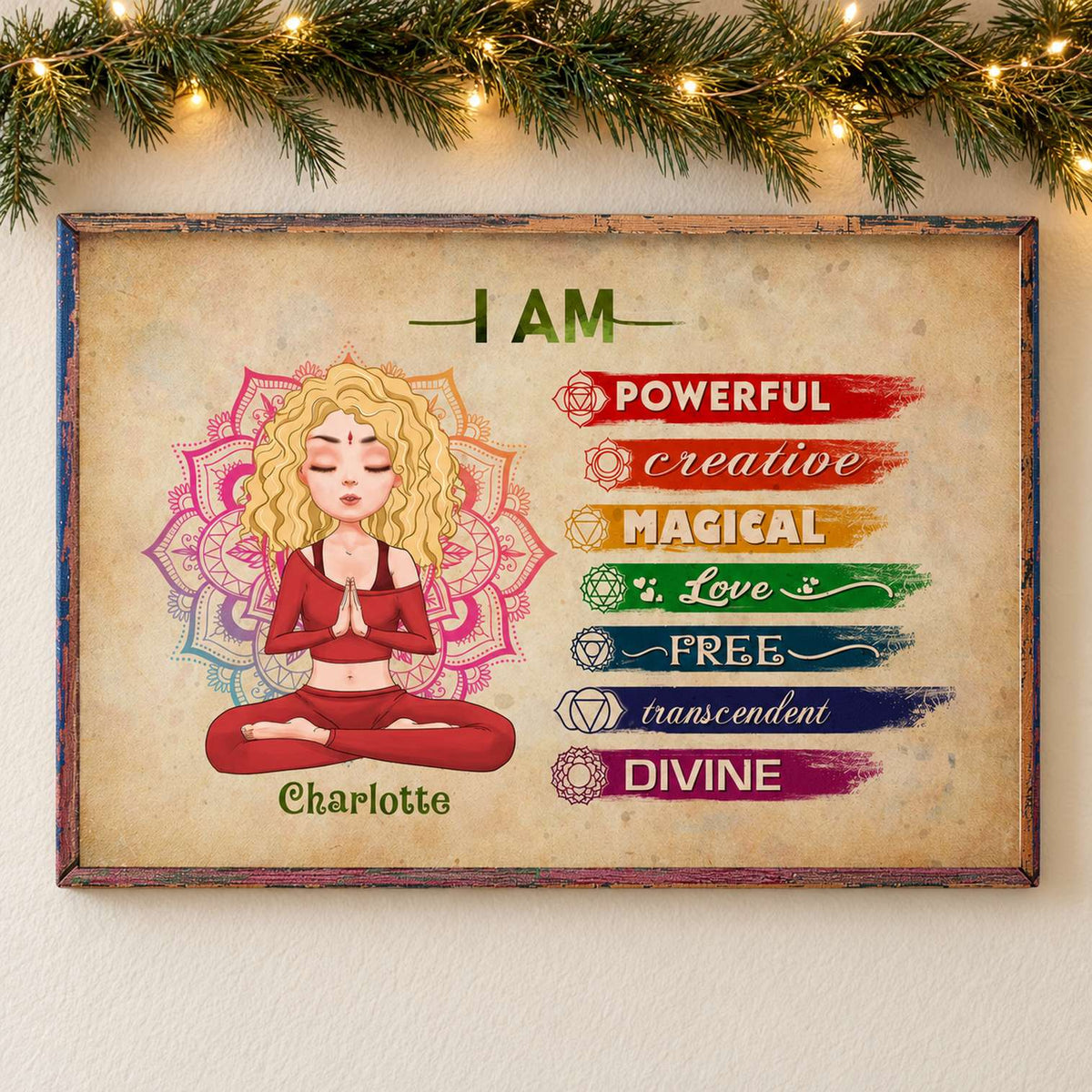 Custom yoga canvas for Charlotte hanging on wall with holiday pine garland and lights