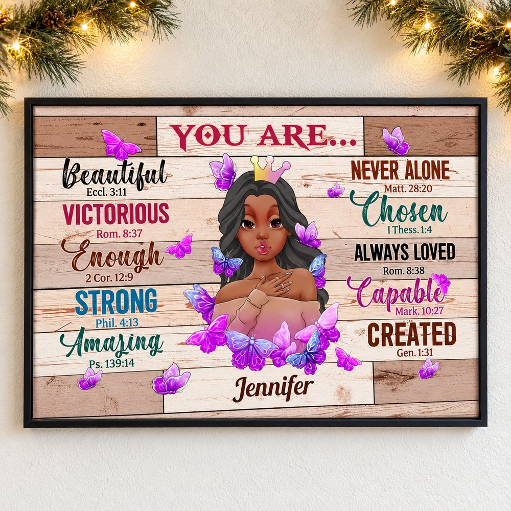 Personalized Christian Bible verse canvas for Jennifer hanging on wall with holiday garland