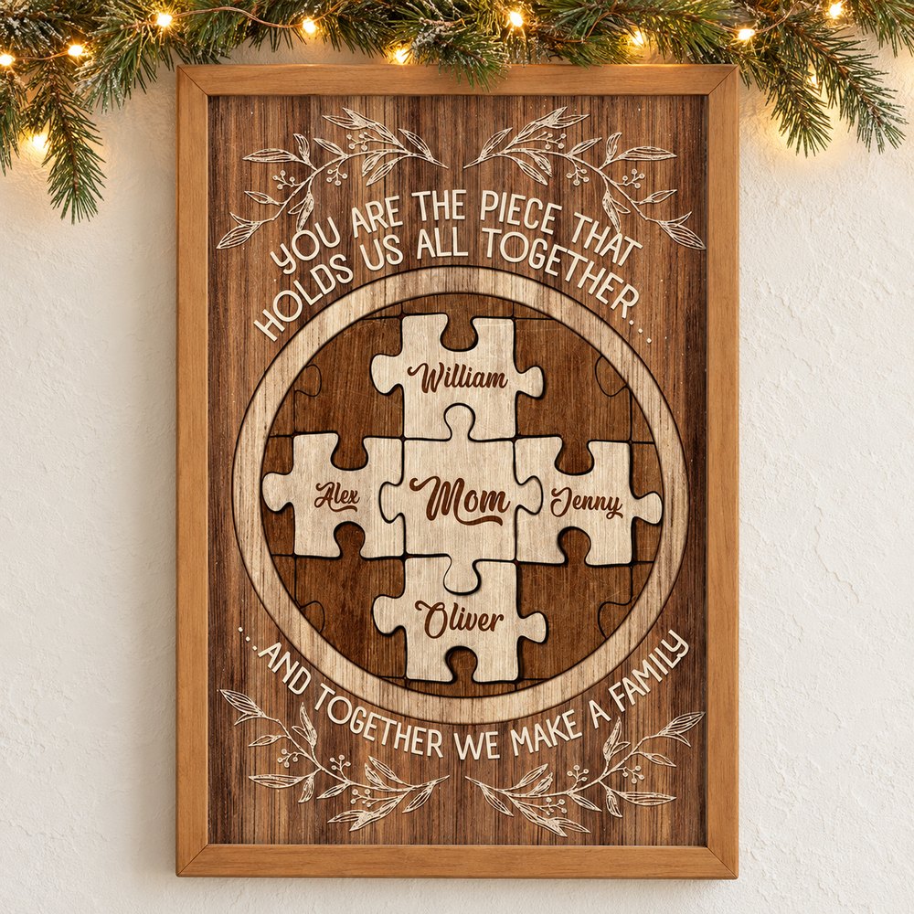 Personalized Mom puzzle framed canvas hanging on wall with holiday pine garland and fairy lights
