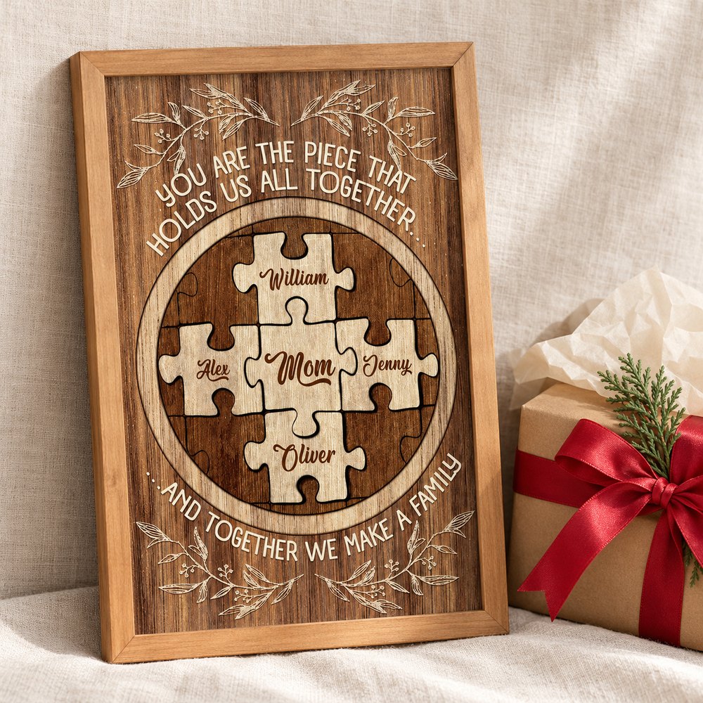 Personalized Mom puzzle canvas next to a holiday gift box with red ribbon and cedar greenery