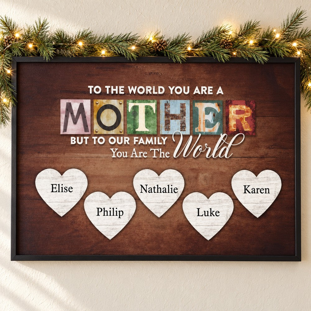 You Are The World personalized Mom canvas print on wall with holiday garland and fairy lights
