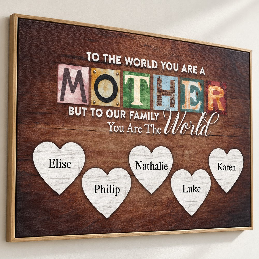 Close-up detail of canvas texture and vintage MOTHER letter tiles on personalized wall art