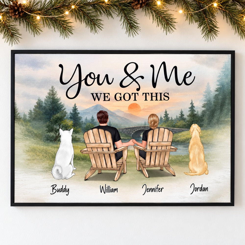 You and Me and the Dogs personalized canvas print on wall with holiday garland