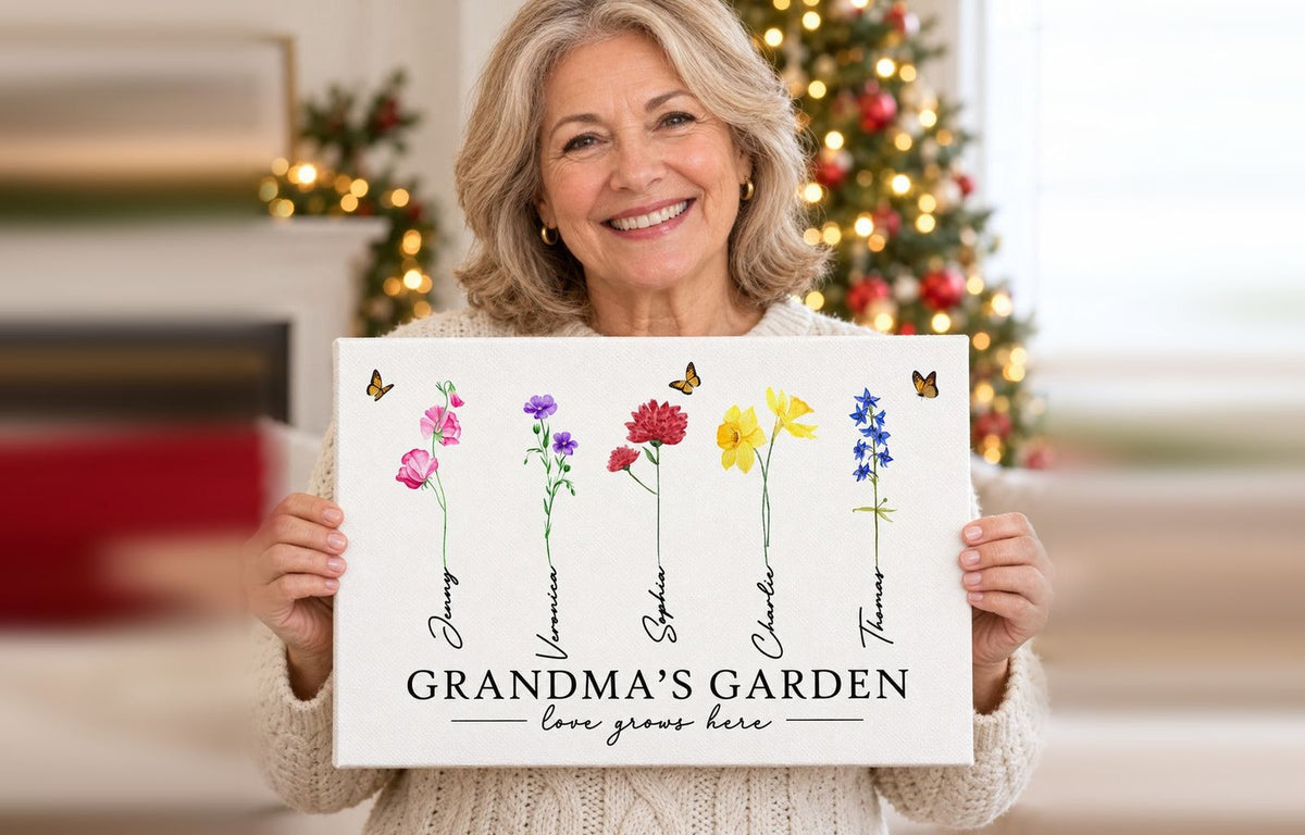 Grandma holding a personalized Grandma's Garden canvas with her grandkids' names and birth flowers